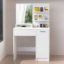 OYAJIA Dressing Table, Vanity Table With Mirror, 1 Drawer, 3 Shelves, Storage Cabinet, Makeup Organiser, White - White - View 5