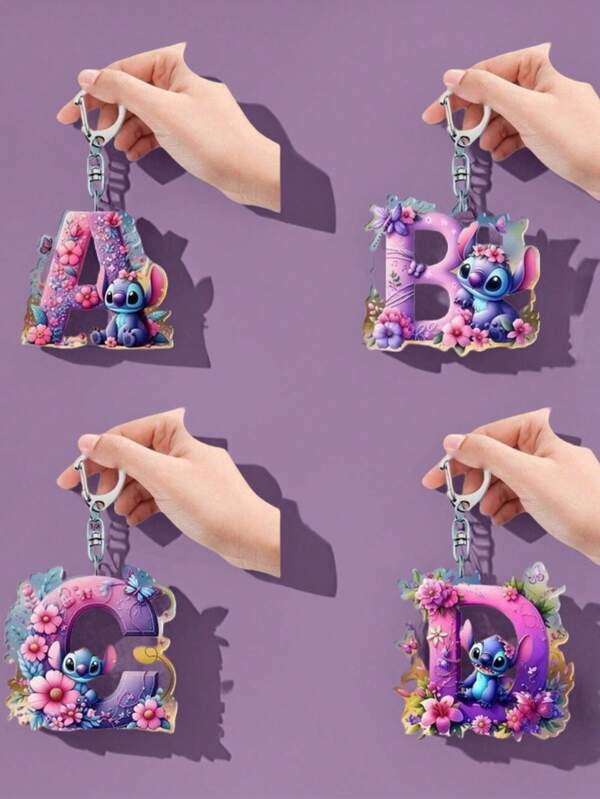 Disney 1 Llavero acrílico de Stitch de Disney - 26 letras en inglés, diseño de dibujos animados de ángel lindo con decoración floral, colgante de aleación de zinc resistente, adecuado para bolsos, llaves de coche y regalos, accesorios para el Día de San Valentín y cumpleaños, colgante de bolso de Stitch de Disney, accesorio de llavero, diseño alegre, colores brillantes, plano 2D