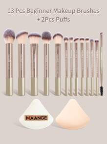 MAANGE 13/15件套专业软铝管化妆刷套装，包含粉底刷、眼影刷、眉刷、晕染刷、高光刷、遮瑕刷，适用于粉状、液体、膏状化妆品；2个三角形干湿两用气垫粉扑，适合日常使用和旅行，是送给朋友的化妆配件礼物。套装包含各种化妆刷，是完整的化妆套装、化妆刷套装、化妆礼品套装等。 - 金色 - 查看 13
