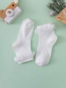 1双白色蕾丝边简约日常时尚中筒袜 - 白色 - 查看 2