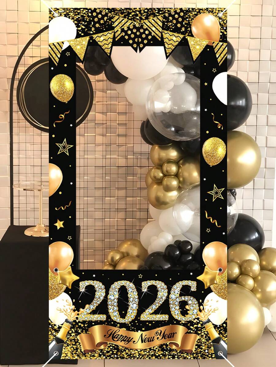 1件2026新年黑金气球拍照背景布，2026新年派对装饰道具，黑金气球图案，2026新年主题派对悬挂装饰横幅，2026新年快乐拍照道具，新年礼物，新年装饰用品，主题派对悬挂装饰，派对礼物