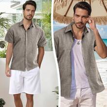 Camisa de lino para hombre, clásica, informal, de algodón, para verano, para playa, boda - Negro - Ver 4