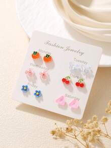 6/7 Pares de Brincos Conjunto Colorido de Borboleta, Coração, Flor, Nuvem, Melancia, Cereja, Pentagrama, Geométrico, Adequado para Amigos, Uso Diário