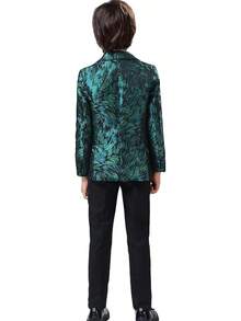 Teen Boy Jacquard Tuxedo 3 Piece Suit Set - Bow Tie Included For Wedding Prom - 綠色 - 查看 3