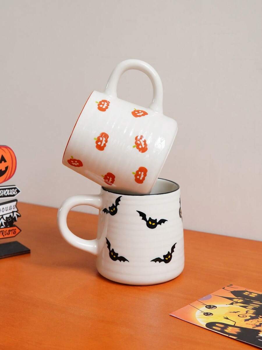 1 件 7 盎司/14.8 盎司万圣节陶瓷杯，圆形图案咖啡杯，优雅的南瓜和蝙蝠设计小容量浓缩咖啡杯，适用于家居装饰、饮具、万圣节派对、早餐酸奶燕麦杯、下午茶杯、礼物