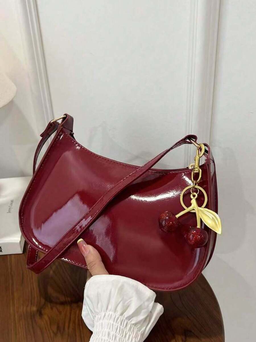 Túi hình lưỡi liềm thời trang tối giản, Túi đeo vai khóa kéo tối giản màu trơn, Ví da PU màu trơn, Túi màu đỏ tía & Thích hợp cho mua sắm, công tác, đi làm, ngoài trời, du lịch, sử dụng hàng ngày - Đỏ - Xem 1