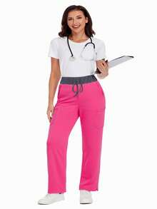 cimmuovere 女士撞色弹力裤，舒适裤子，纯色简约多口袋裤