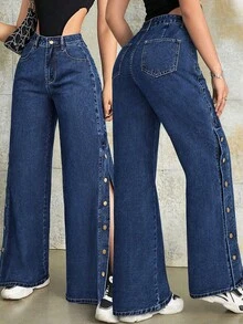 时尚复古侧开衩纽扣门襟阔腿牛仔裤，适合春夏秋冬、返校、晚宴和休闲装 - 藍色 - 查看 2