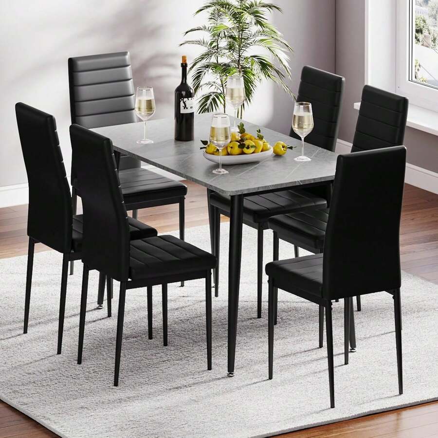Dining Table And Chairs Set Of 6, 120CM Marble Effect Dining Table With 6 Faux Leather High Back Dining Chairs,Modern Dining Table Set For Home/Kitchen Office