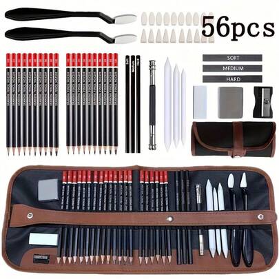 56pcs Sketch Pencil Set, Professional Art Supplies, Includes Pencil Case, Graphite And Charcoal Pencils For Sketching, Drawing, Shading And Blending, Best Gift For Artists And Beginner Painters