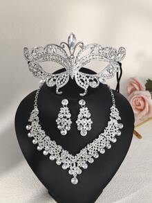 4pcs Masquerade Mask Necklace And Earring Set For Women Luxury Rhinestone Elegant Butterfly Design Blindfold For Ball Party - Silver - View 2