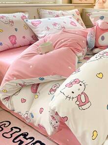SANRIO 可爱印花 2/3 件床上用品套装 - ///（1 件羽绒被套 + 1/2 件枕套，无填充物）卡通全尺寸，柔软舒适，适合宿舍、家庭卧室、酒店、所有季节，带拉链开合和枕套，多色耐用，超大床上用品，超大羽绒被套套装 - 心跳kt貓 - 查看 8