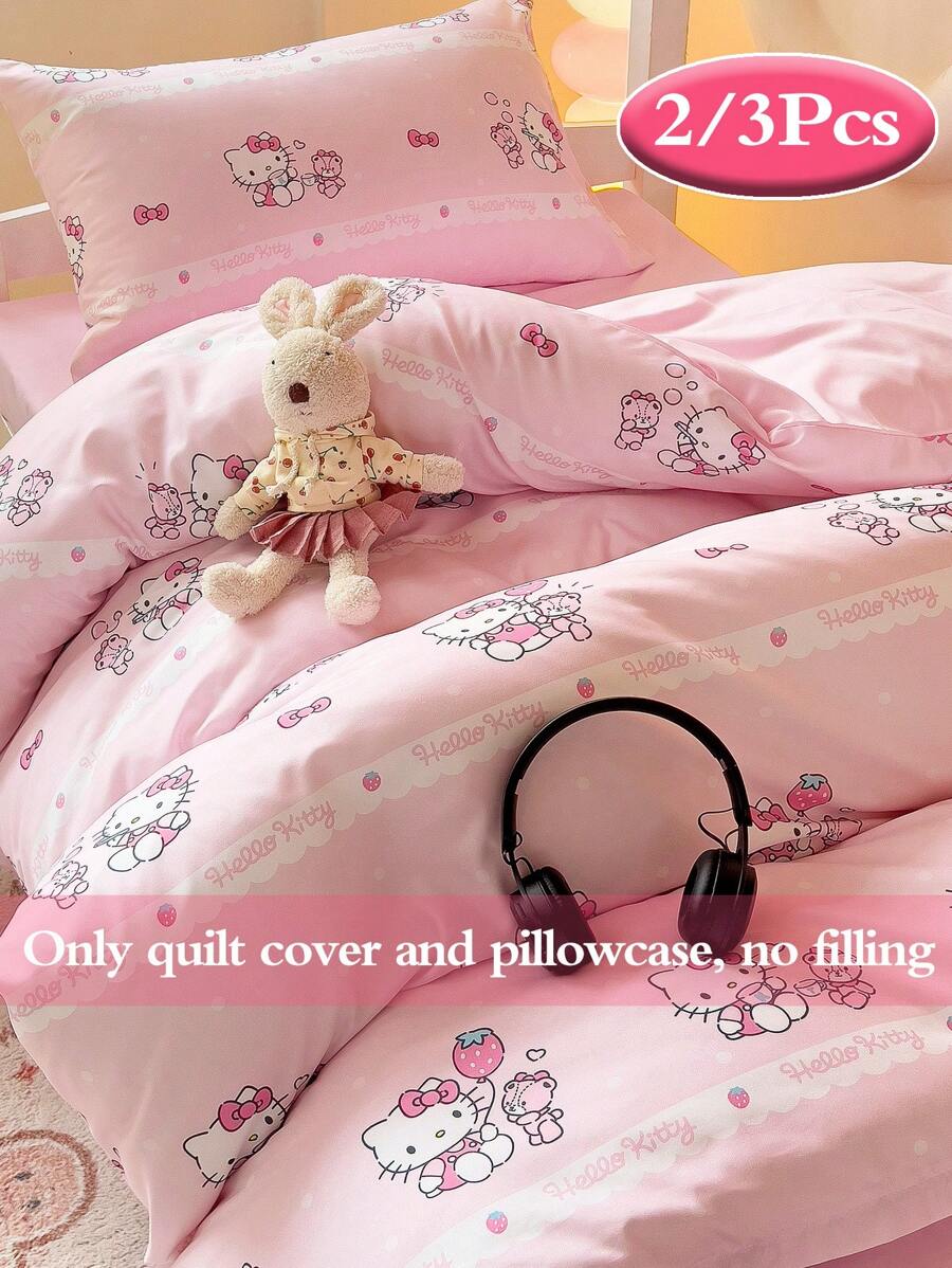Sanrio Cute Print 2/3pcs Bedding Set - Hello Kitty/Kuromi/Cinnamoroll/Pochacco (1pc Duvet Cover + 1/2pc Pillowcase, No Filling) Cartoon Full Size, Soft & Comfortable, Suitable For Dorm, Home Bedroom, Hotel, All Seasons, With Zipper Closure And Pillowcase, Multi-Color Durable, Oversized Bedding Set, Oversized Duvet Cover - Strawberry Shortcake KT - View 1