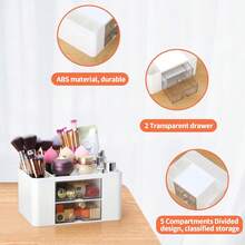Desk Organizer With 2 Drawer, Plastic Desktop Pen Pencil Card Holder Storage Box For Files, Stationeries, Makeups, Lipsticks, Brushes, Lotions, Eye Shadows, Nail Polishes And Jewelries, For Desk, Bathroom, Vanity, For Valentine's Day Christmas Exquisite Small Gifts - 白色 - 查看 8