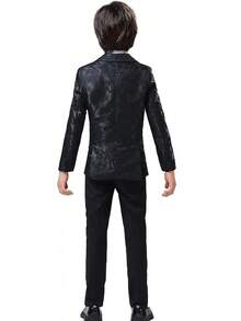 Teen Boy Jacquard Tuxedo 3 Piece Suit Set - Bow Tie Included For Wedding Prom - Hitam - View 3