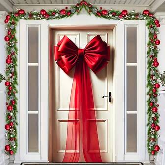 1 pieza Elegante Bandera de Lazo Rojo para Puerta, Bandera de Lazo Rojo Elegante, Cubierta de Puerta Multiusos de Poliéster, Sin Necesidad de Electricidad, Para Navidad, Día de San Valentín, Boda, Cumpleaños, Decoración de Patio Exterior y Entrada