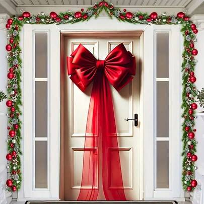 [1 件优雅红色蝴蝶结门横幅] 优雅红色蝴蝶结门横幅，涤纶多用途门罩，无需电力，适用于圣诞节、情人节、婚礼、生日、户外露台和入口装饰