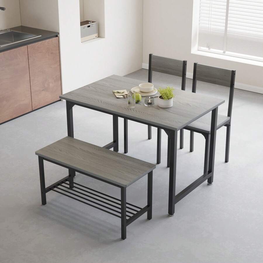Set Of 4pcs Grey Dining Set Including Rectangular Dining Table Dining Chairs Dining Bench With MDF Top Metal Frame Storage Shelf For Dining Room Kitchen Living Room - Grey - View 1