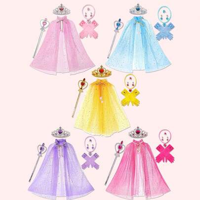 Eis- und Schneeprinzessin Umhang, Krone, Zauberstab, Handschuhe Set. Prinzessinnen Kostüm mit Pailletten, Sternen, Mond Umhang. Herz Zauberstab, Feenzauberstab, Halskette, Ring, Ohrringe. Party Dekorationen & Cosplay Accessoires