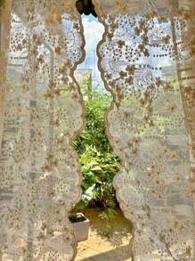 1件法式荷叶边蕾丝刺绣米色薄纱窗帘，轻盈小窗帘，无需打孔即可用作房间隔断 - 米色 - 查看 3