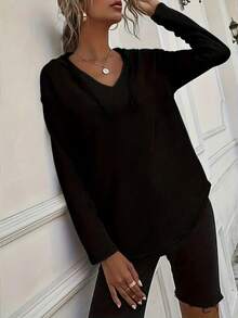 Felpa con cappuccio e coulisse, tinta unita, per donne taglie comode, adatta per l'autunno, colore nero, per la primavera - nero - Visualizzare 4