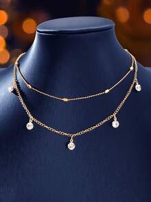 Rhinestone & Bead Decor Layered Necklace - Yellow Gold - View 2