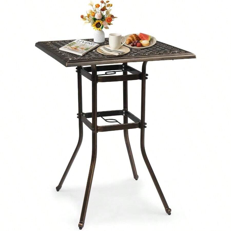 Outdoor Bar Table Cast Aluminum Patio Bar Table With Umbrella Hole 42" Height Square Bistro Table Tall Dining Table - Bronze - View 1