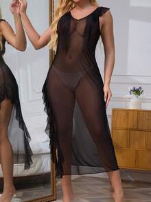 1pc Sexy Mesh Sheer Lingerie Slip Dress With Pearl Decor, Suitable For Sleepwear And Intimate Apparel