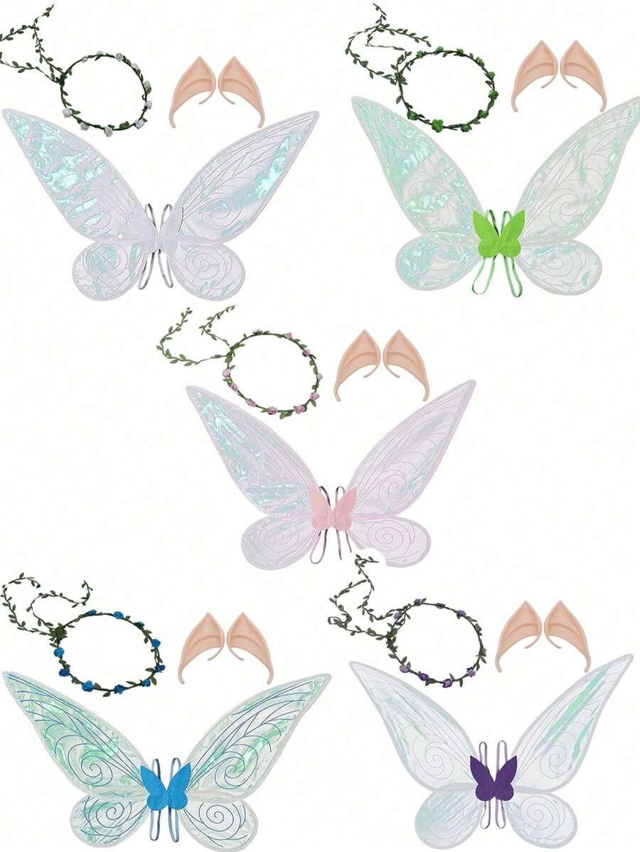 1 套仙女蝴蝶翅膀、皇冠花环、精灵耳朵 3 件服装道具，适用于节日派对、万圣节表演装扮
