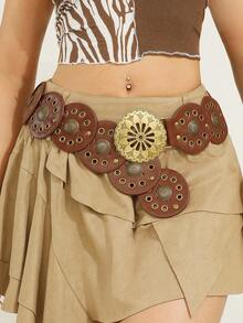 1 szt. Turkusowy pasek damski w stylu vintage, styl boho, styl zachodni, złoty pasek z okrągłą klamrą i ozdobnymi przelotkami, jednolity kolor, boho, skórzany pasek ze skóry PU, odpowiedni do sukienek, spódnic, koszul, spodni, szkoły, na wakacje, na co dzień, na imprezy