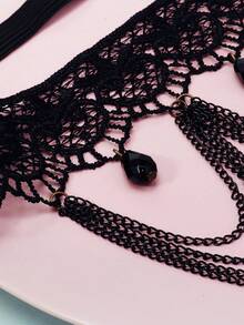 1pc Gothic Lace Leg Strap And Bracelet Retro Black Crystal Hollow Garter Strap Halloween Decoration Accessory - Black - View 11