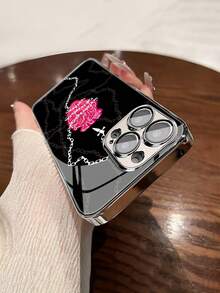 1 件时尚简约心形链条图案钢化玻璃材质内置镜头膜电镀防摔防刮防指纹TPU全边软手机壳适用于苹果机型 - 彩色 - 查看 4