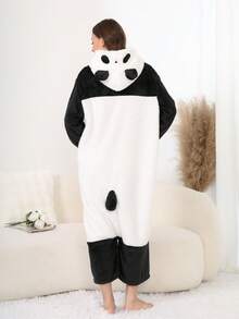 Pijama con capucha de felpa coral con decoración de orejas de panda para mujer, bata gruesa y cálida para otoño/invierno, esponjosa y acogedora - Blanco y Negro - Ver 6