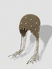 1 pieza Gorro de punto grueso hecho a mano con calado, gorro de punto con borlas cálido, accesorio de moda para mujer, adecuado para invierno, estilo bohemio, 4 de julio, conjunto madre-hija, Halloween, vacaciones