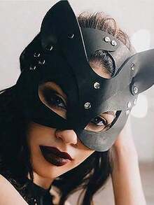 女士皮革猫面具服装，兔子和狐狸面具，动物半脸面具角色扮演万圣节派对服装。 - 黑色 - 查看 1