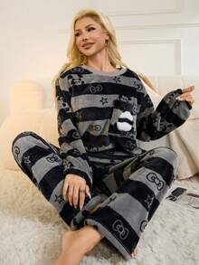 2pcs Set Gray Striped Flannel Fluffy Pajamas With Panda Pattern, Loungewear Set, Fall Winter Clothes, Cozy - Grey - View 4