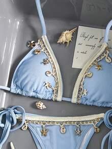 Bikinx Women's Solid Color Satin Ribbon & Shell Decor Triangle Cup Tie Bikini Set, Suitable For Summer Beach Vacation - Baby Blue - View 3