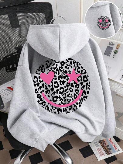 Tween Girls' Smiling Face Print Warm Hooded Sweatshirt