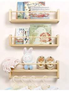 Floating Shelves For Wall,Room Home Bedroom Decor Shelf,Book Shelves Natural Wood Wall Mounted Organizer With Towel Bar Hanging Bookshelves - Multicolor - View 3
