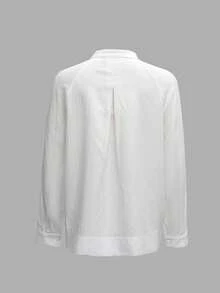 Women's Solid Color Open Collar Raglan Sleeve Colorful Button Shirt, Autumn White Spring - White - View 2