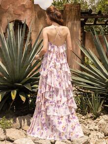 Faeriesty BohoBloom 女士露背长裙：露背设计，配有可调节系带，饰有 3D 立体花朵贴花和层叠荷叶边裙摆。适合休闲外出、海滩度假、周末短途旅行和花园派对。夏日粉色，优雅迷人。 - 粉色 - 查看 2