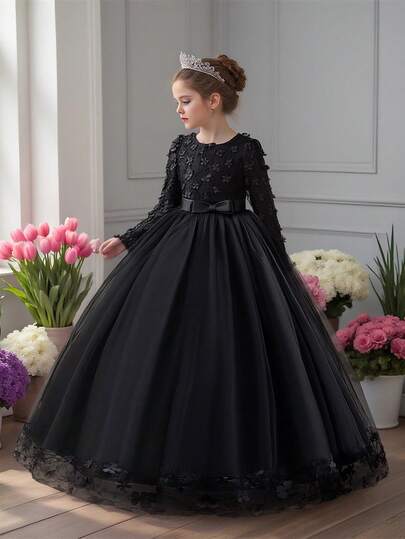 女童圆领长袖蕾丝网纱3D花朵蝴蝶结优雅花童礼服，适合正式派对、生日等场合，不含头饰