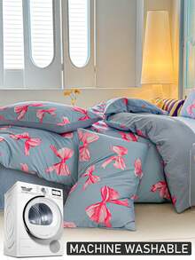 2/3 件蓝色蝴蝶结图案数码印花羽绒被套，适合所有季节的可爱床上用品套装，卧室装饰，柔软透气，可机洗（1 个羽绒被套 + 1/2 个枕套，无填充物）