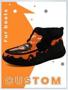 万圣节男士定制冬靴，个性化定制您的照片和有趣的眼镜，温暖的毛绒衬里，舒适宜人，送给妈妈/爸爸/她/他/女朋友/男朋友/妻子/丈夫/朋友的有趣万圣节礼物，独特的万圣节装饰鞋 - 黑色 - 查看 3