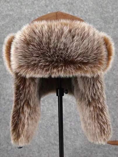 1pc Russian Mongolian Sheepskin Hat, Winter Trapper Hat, Faux Fur Ear Flap Hat For Middle-Aged & Elderly Winter Outfits Fall