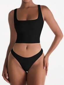 XLLAIS Áo hai dây crop màu đen gợi cảm, áo hai dây cổ vuông thời trang, co giãn, ôm sát, thích hợp mặc thường ngày cho nữ mùa hè. - màu đen - Xem 1