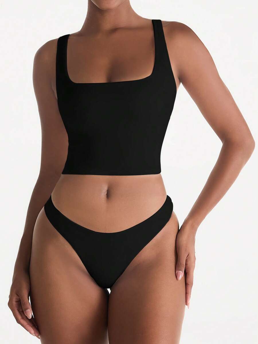 XLLAIS Áo hai dây crop màu đen gợi cảm, áo hai dây cổ vuông thời trang, co giãn, ôm sát, thích hợp mặc thường ngày cho nữ mùa hè. - màu đen - Xem 1