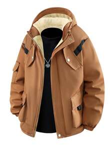 Tween Boy Casual Cargo Pocket Loose Fit Thermal Lined Hooded Jacket, Winter - Chocolate Brown - View 3