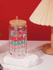 16盎司彩色圣诞图案梅森杯，单层PC梅森瓶配竹盖，475毫升圣诞塑料杯