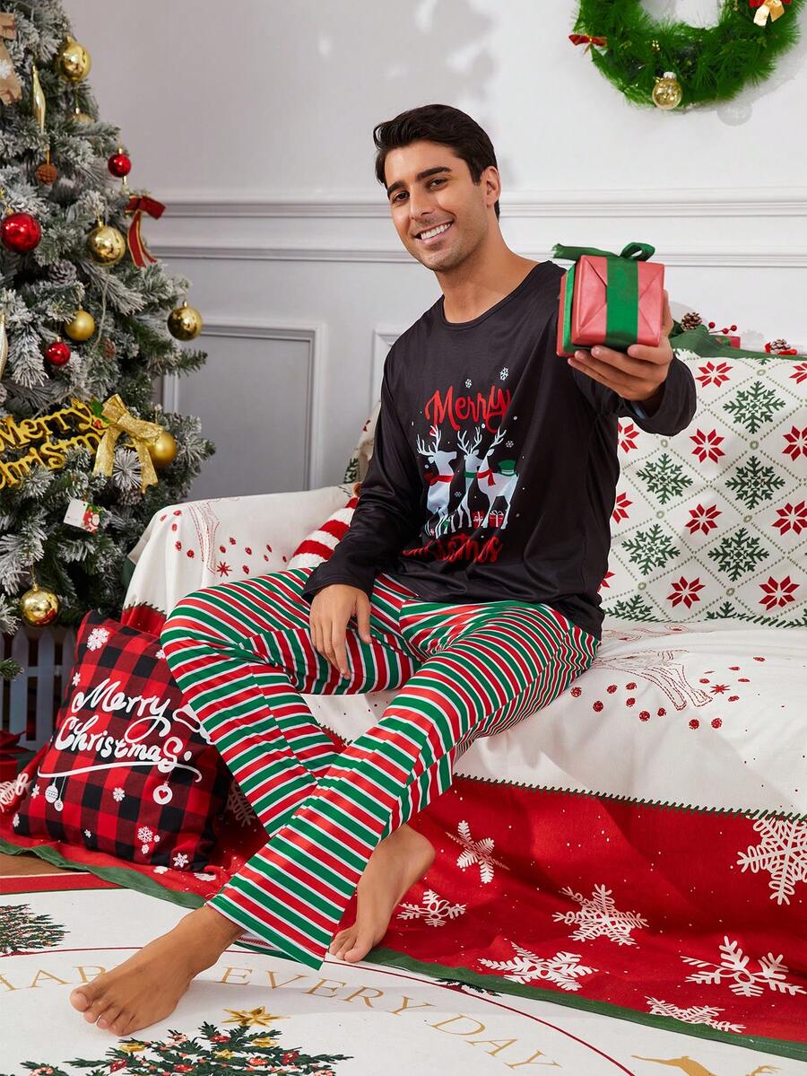 2 pezzi/Set Pigiami natalizi coordinati per la famiglia, motivo divertente di renne e fiocchi di neve, girocollo, maniche lunghe, pantaloni, set di pigiami casual comodi, pigiami per feste natalizie, autunno/inverno - nero - Visualizzare 1